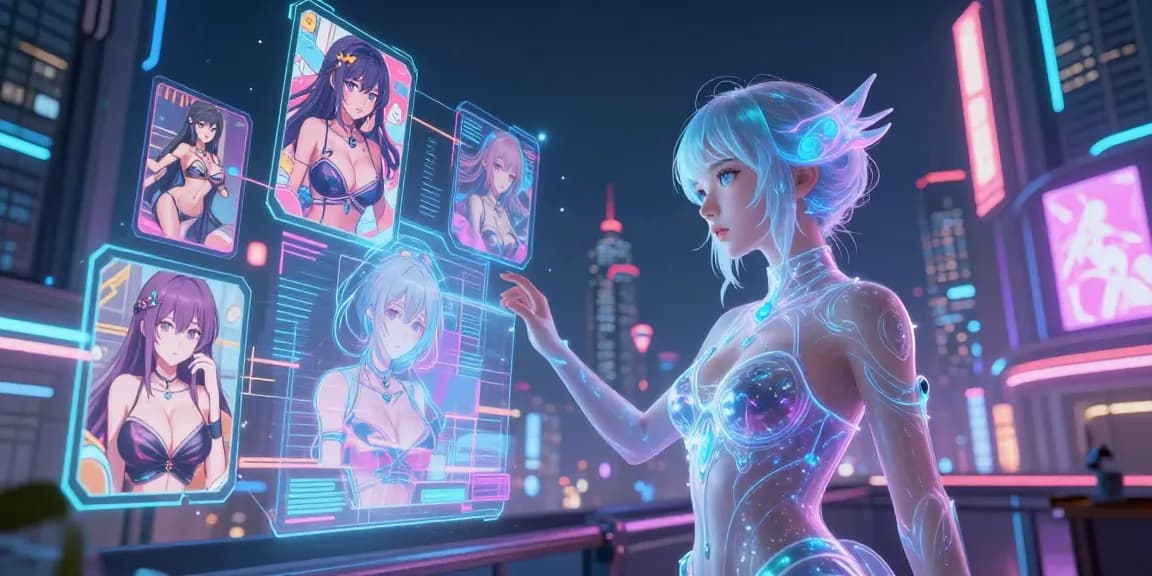AI ecchi character in a vibrant futuristic cityscape, showcasing imaginative art styles.
