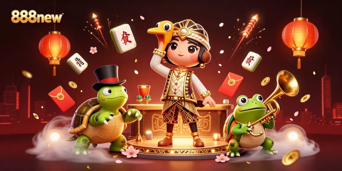 Join the excitement of 888new as characters celebrate at a vivid speakeasy with Mahjong, lanterns, and colorful gaming elements.