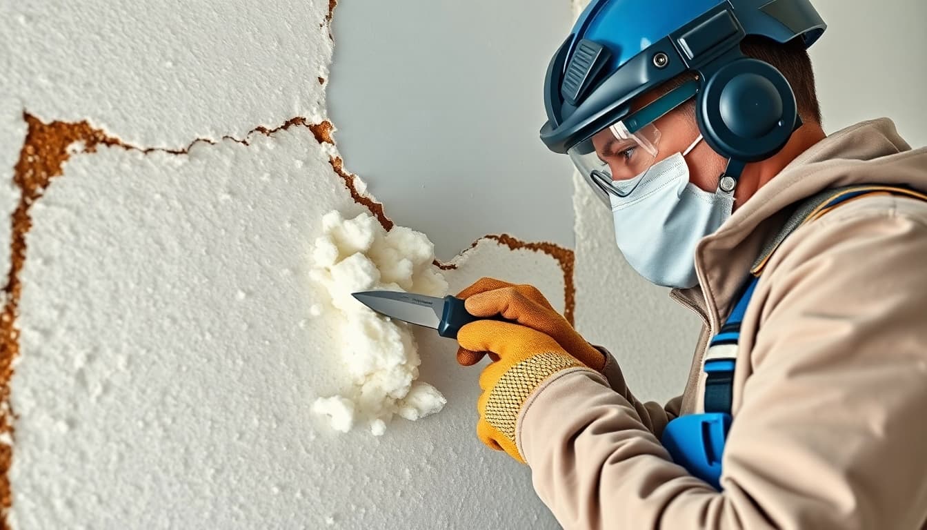 Engineer performing open cell spray foam removal from a wall, showcasing professional techniques.