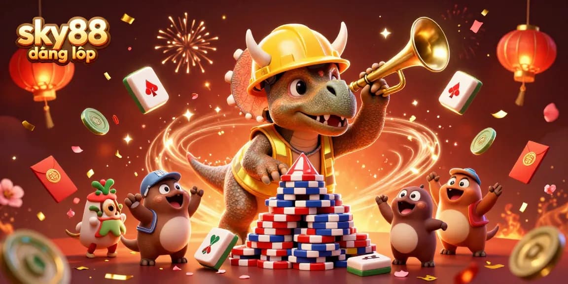 Win big with sky88 đăng nhập as triceratops builds poker chip pyramid amid vibrant casino celebration.