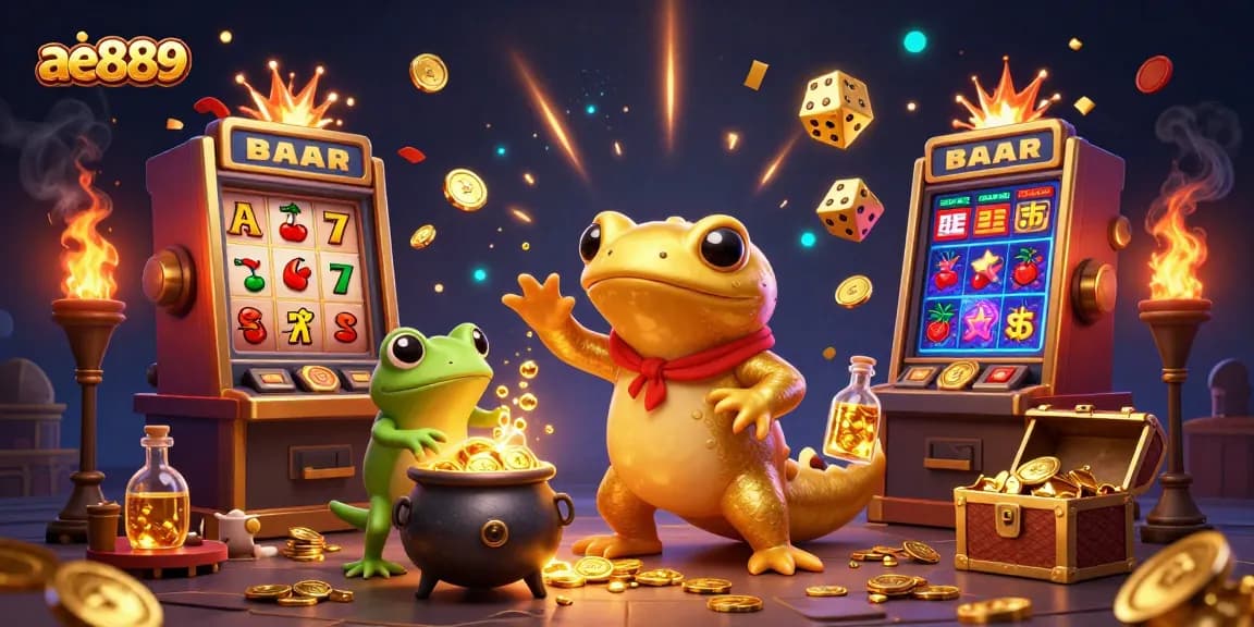 Experience the excitement of betting at ae889, featuring a dynamic alchemist scene filled with gold coins and casino elements.