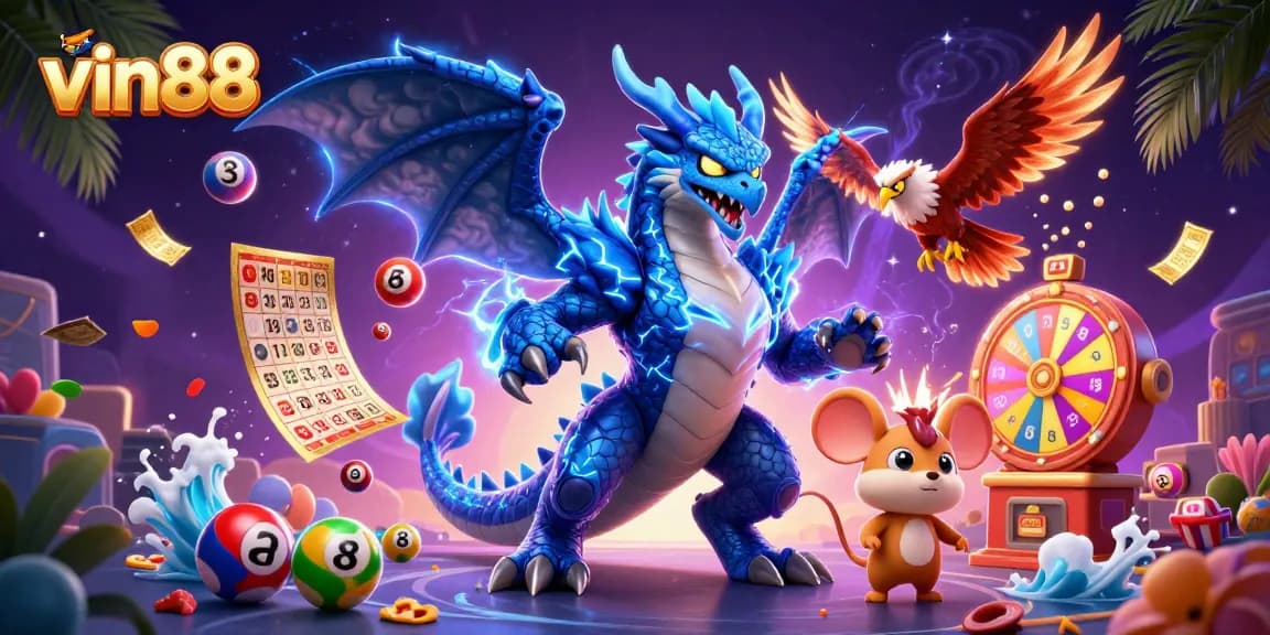 Win big at vin88 with vibrant animated characters and colorful gambling elements in a dynamic casino scene.