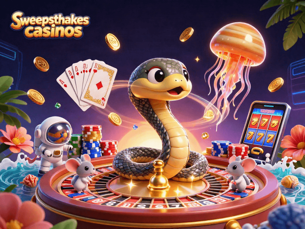 The dynamic scene of sweepstakes casinos with cartoon characters and vibrant gaming elements creating an engaging casino atmosphere.
