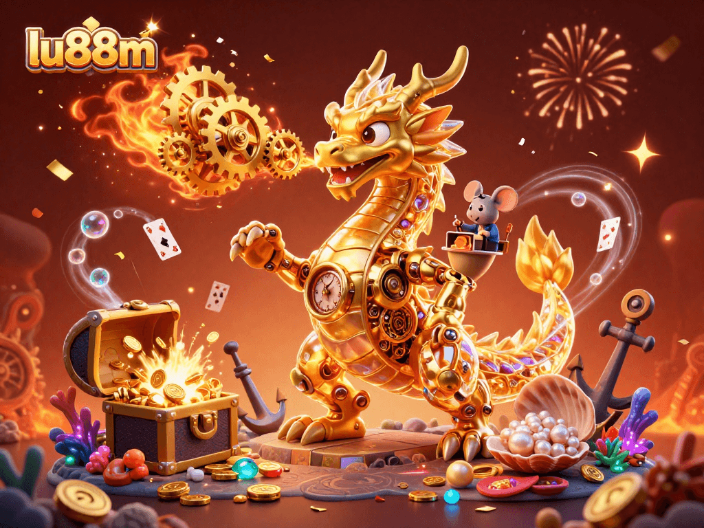 Experience thrilling wins with lu88m as the golden dragon breathes gears and cogs in a vibrant casino adventure.
