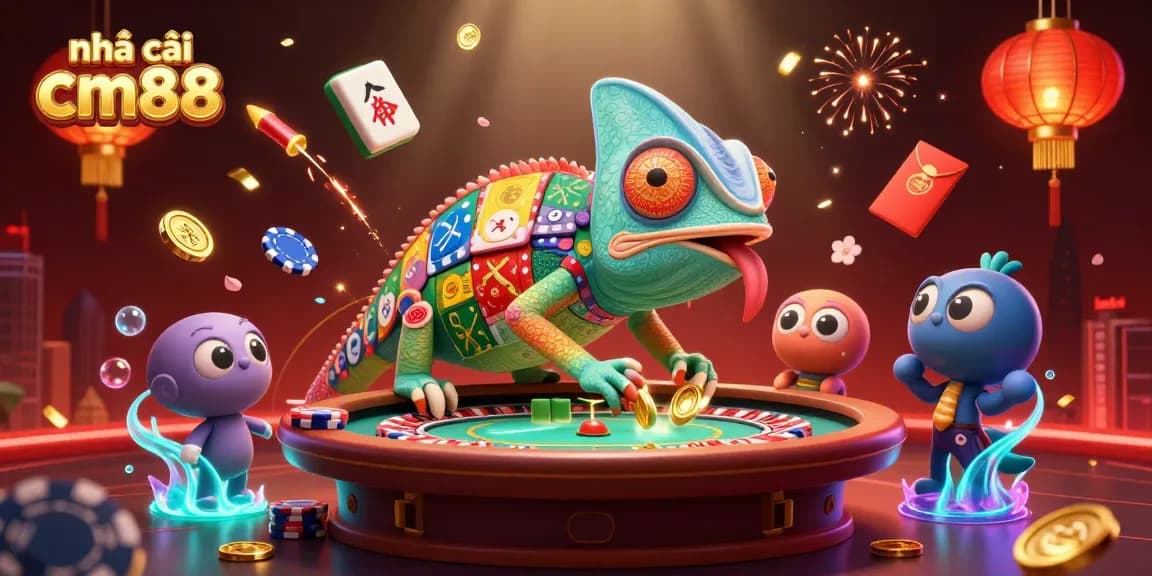 Experience the thrill at nhà cái cm88 with a vibrant casino scene featuring an exciting chameleon owner and festive elements.