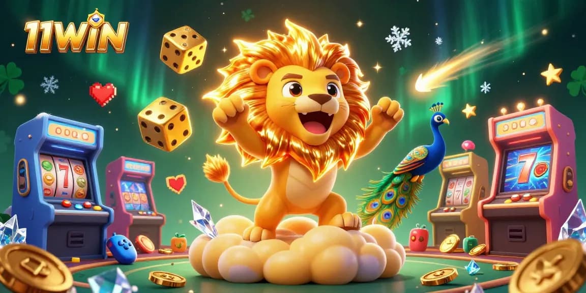 Experience thrilling wins at 11WIN with a vibrant casino-inspired scene featuring slot symbols, dice, and lucky motifs.