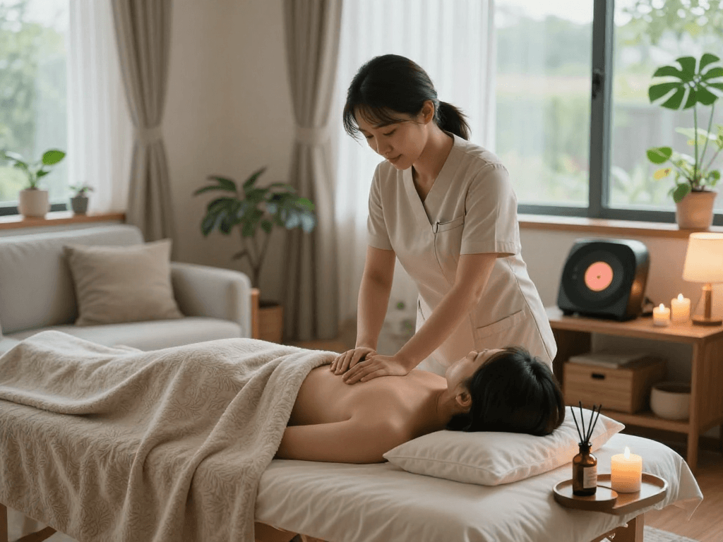 의정부출장마사지 in a cozy home setting, therapist providing a serene massage experience with candles and essential oils.