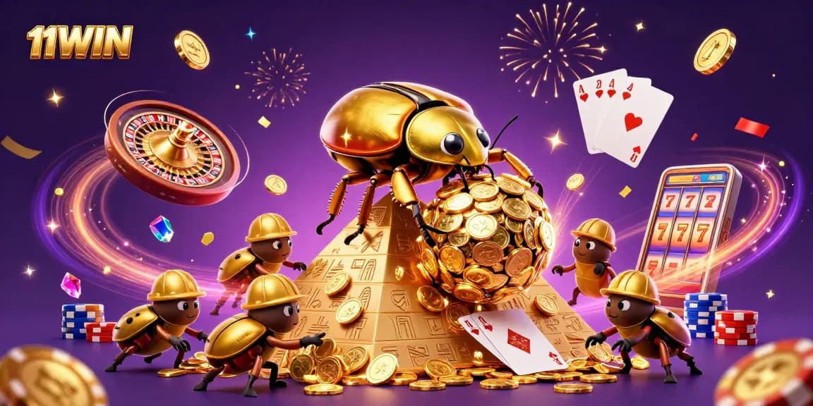 Join the adventure with 11WIN as the golden beetles celebrate riches amidst casino excitement!