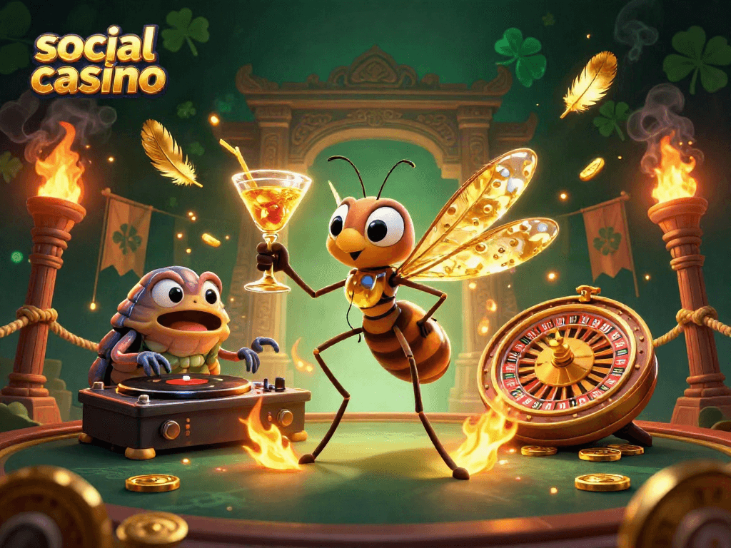 Engage with a vibrant social casino scene featuring a unique mascot and dynamic DJ elements.