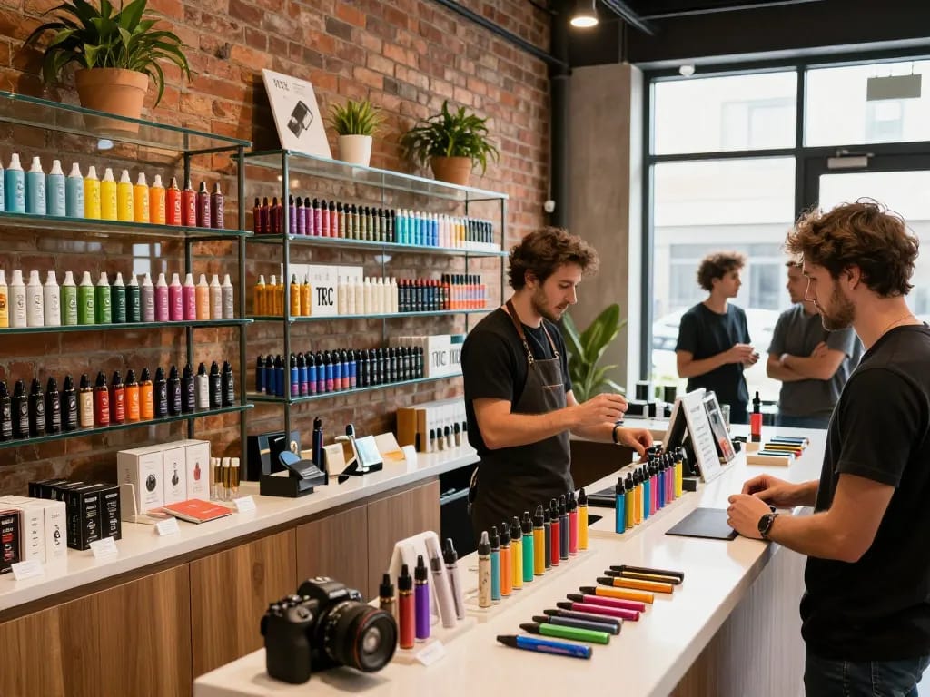 Buy THC vapes in Abu Dhabi at a modern vape shop showcasing colorful products and a welcoming environment.