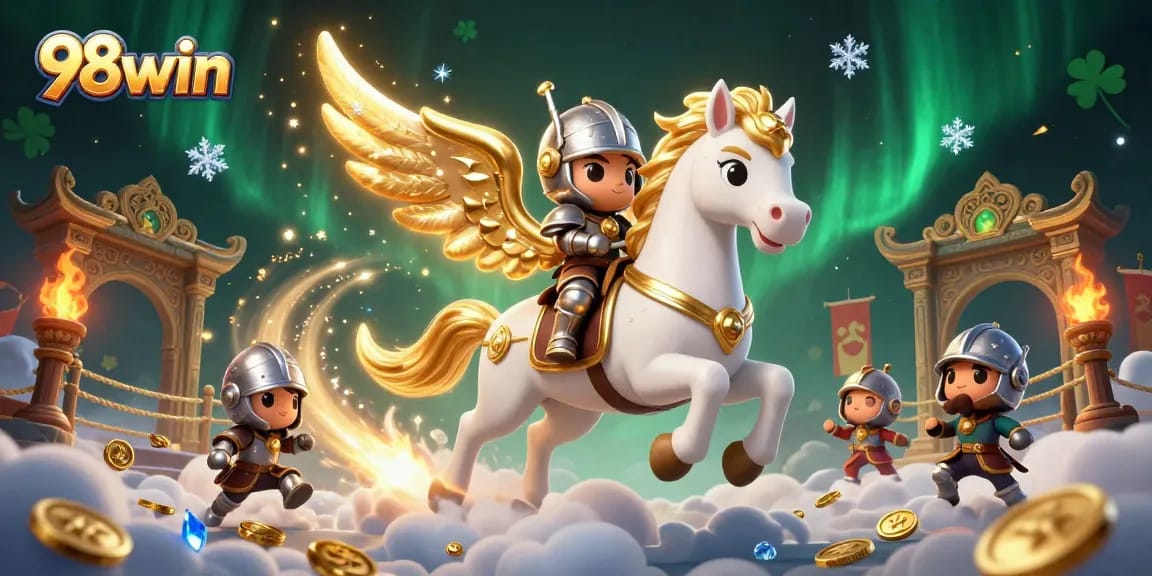 Experience exciting gaming thrills with 98win as the celestial knight rides through a vibrant casino realm.