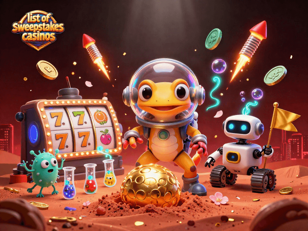 3D digital illustration showcasing a Martian gecko and robot sidekick at a golden casino, highlighting the list of sweepstakes casinos