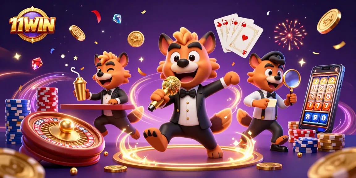 Engage with the vibrant 11WIN casino world featuring hyenas hosting a lively comedy club.