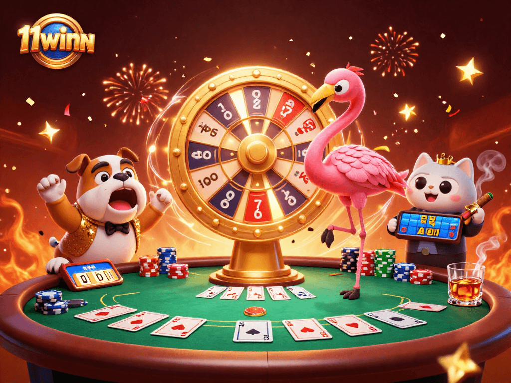 Engaging 11winn gaming scene with vibrant characters celebrating casino wins and dynamic poker elements.