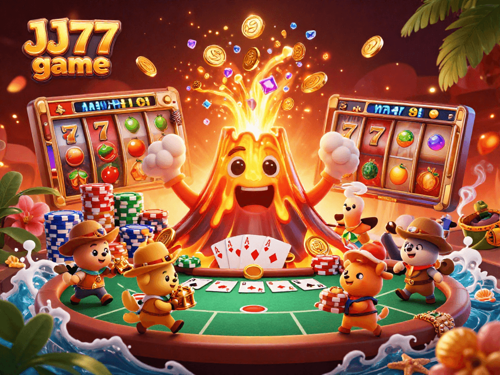Experience thrilling wins with JJ77 game, featuring vibrant slot reels and a golden volcano.