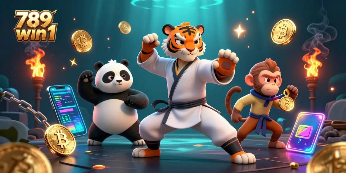 Engage with 789win1 in a vibrant casino scene featuring iconic gambling characters and crypto elements.