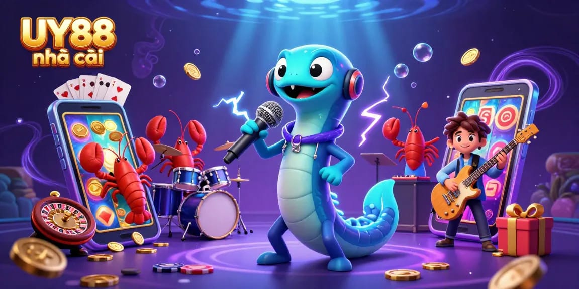 Engage with exciting games at UY88 nhà cái featuring vibrant 3D illustration of electric eel DJ.