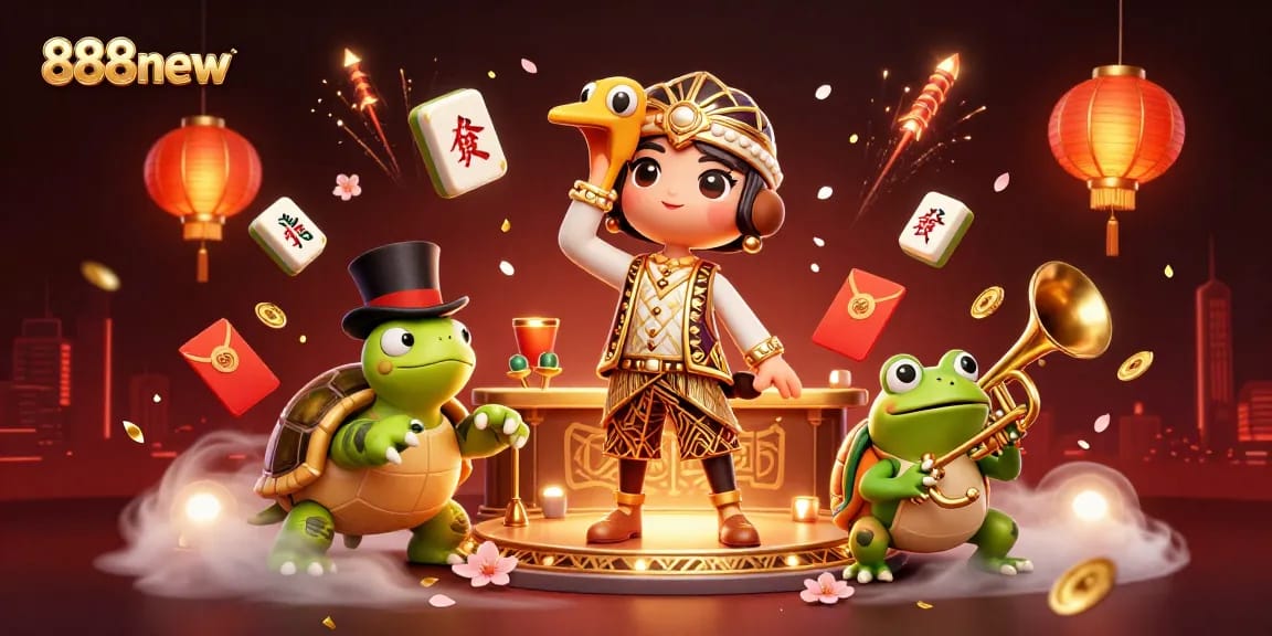 Join the excitement of 888new as characters celebrate at a vivid speakeasy with Mahjong, lanterns, and colorful gaming elements.
