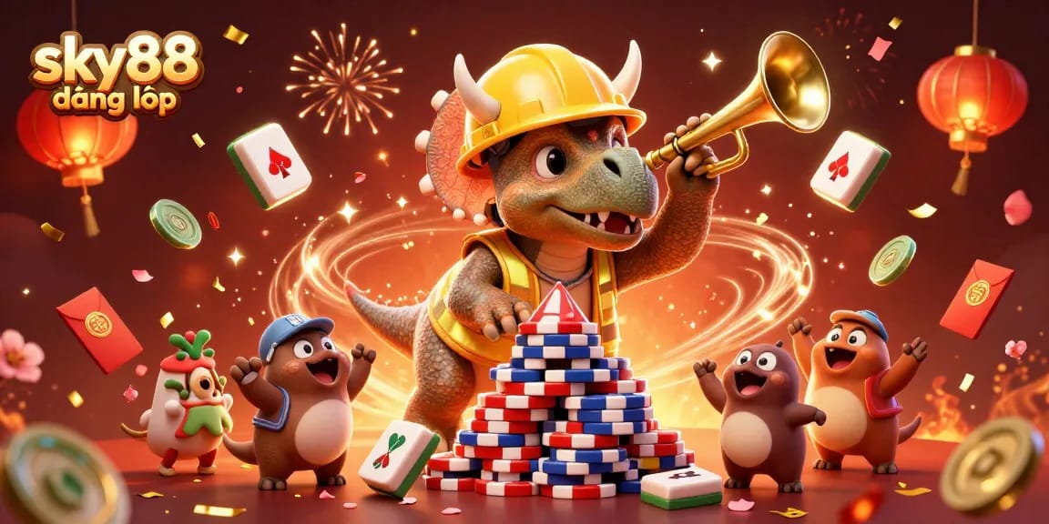 Win big with sky88 đăng nhập as triceratops builds poker chip pyramid amid vibrant casino celebration.