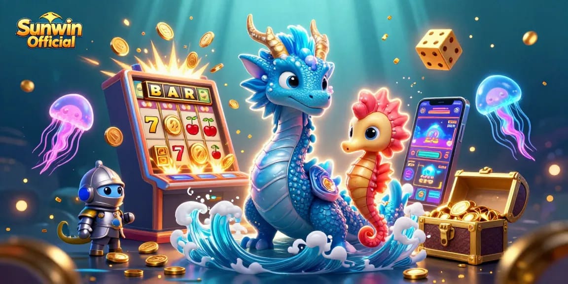 Engage with thrilling jackpots at Sunwin Official with a vibrant 3D casino scene showcasing games, characters, and excitement.