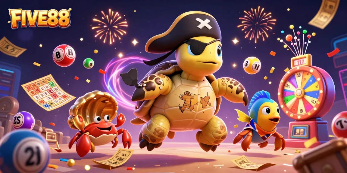 Engage with FIVE88's vibrant gaming scene featuring a turtle pirate and treasure amidst dynamic casino elements.