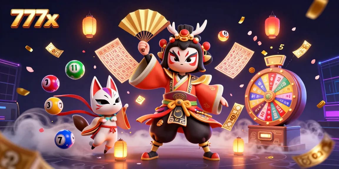 Experience vibrant gaming action with 777x as kabuki warriors and spirits fill the scene.