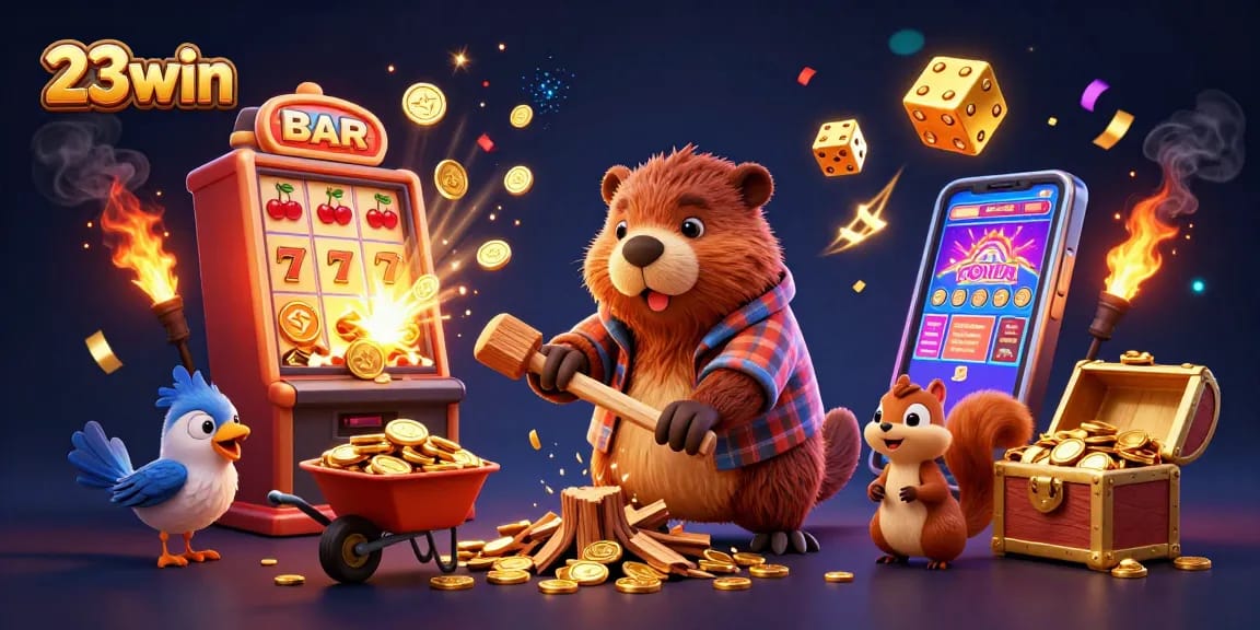 Experience thrilling wins with 23win as the cartoon beaver gathers golden coins in a vibrant casino