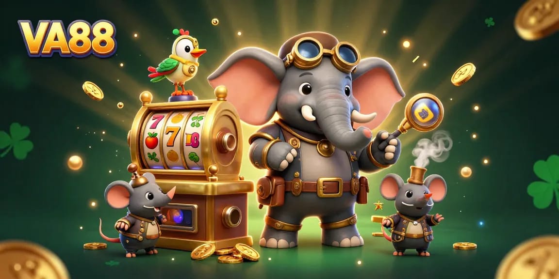Spin the VA88 slot machine with a whimsical steampunk elephant in an enchanting casino.