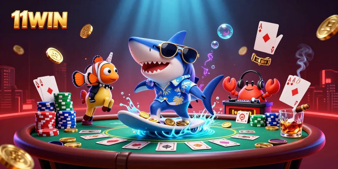 11WIN captures the excitement of gambling with a lively scene of characters amidst poker and casino elements.