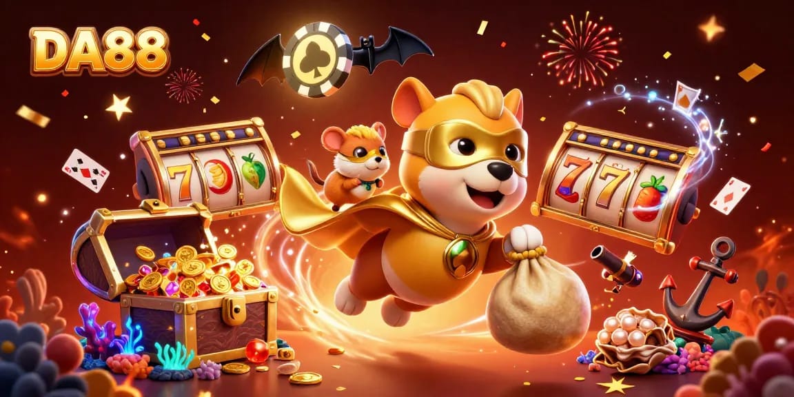 Engage in thrilling gaming action at DA88 with a dog superhero and vibrant casino elements.