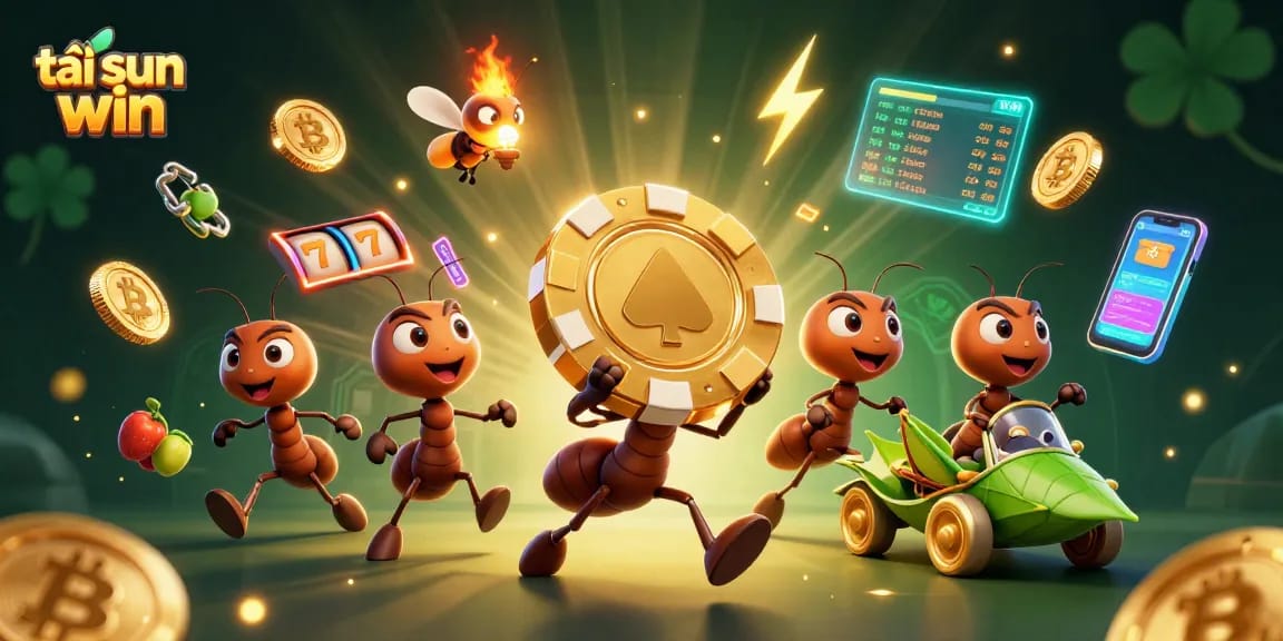Advance your game with tải sun win, showcasing a heist scene with ants and crypto casino elements.