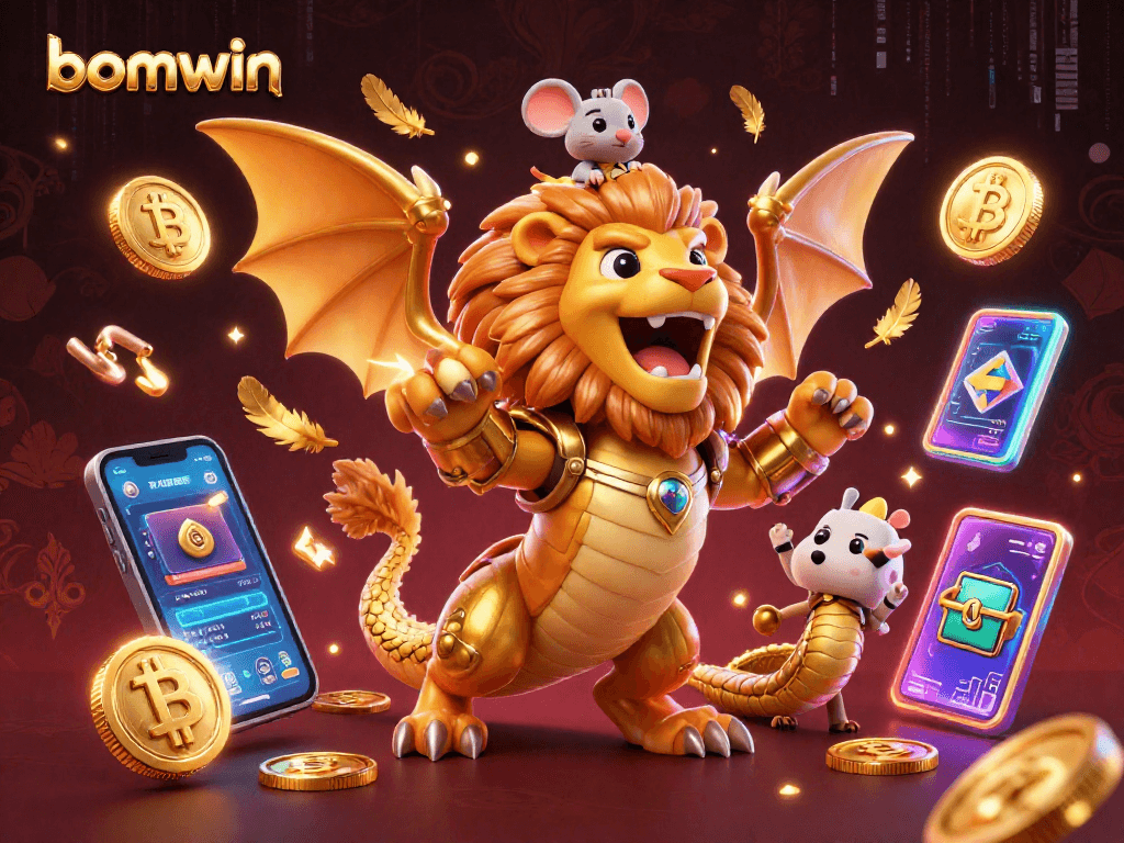 Experience the thrilling sights of bomwin with a roaring chimera and crypto coins in an electric casino scene.