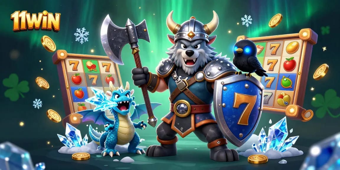 Experience thrilling gameplay at 11WIN with a Viking warrior, icy dragon, and vibrant slots.