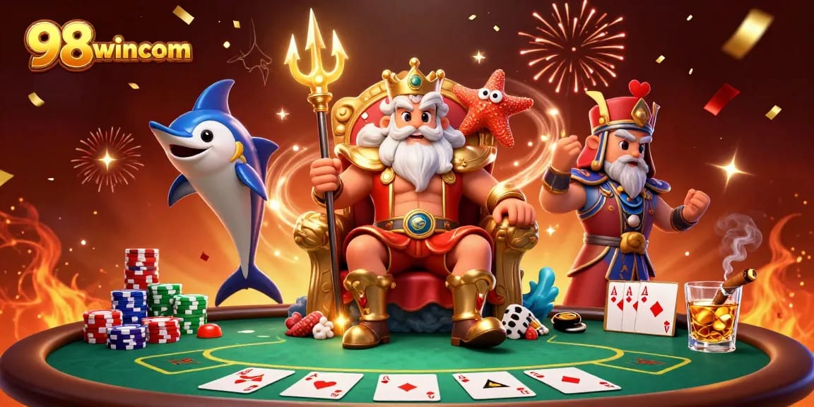 Experience epic gambling adventures with 98wincom, featuring lush visuals of poker action and festive celebration.