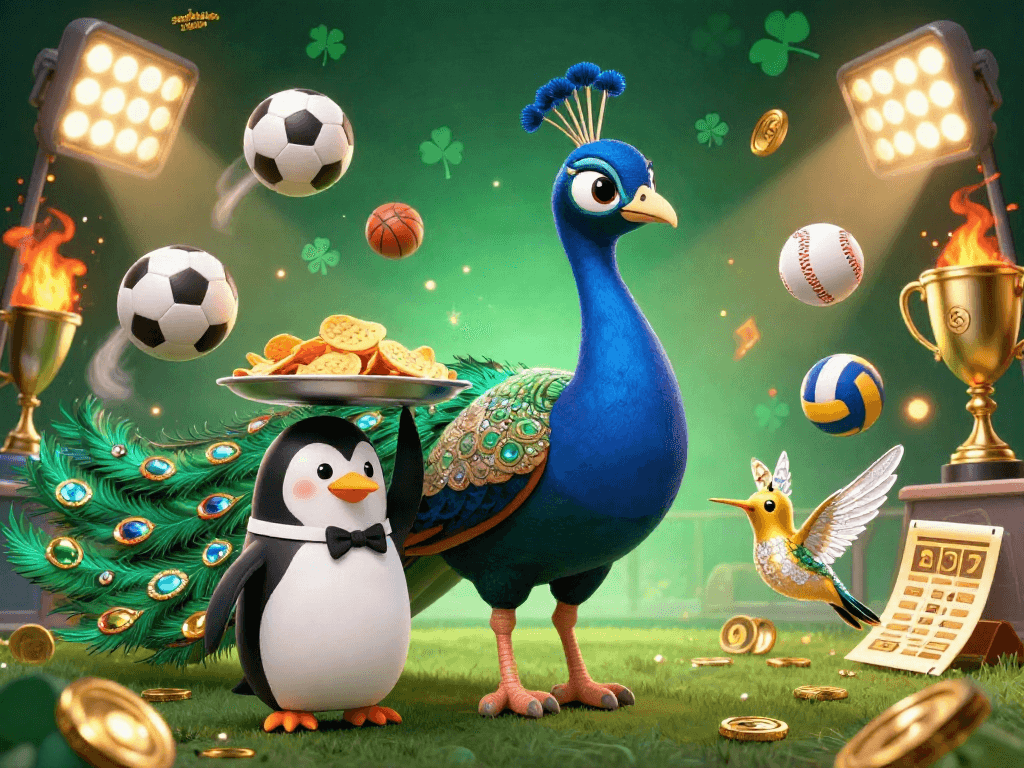 Sweepstakes casino illustration highlighting an aristocratic peacock holding golden chips amid dynamic sports balls and golden trophies.