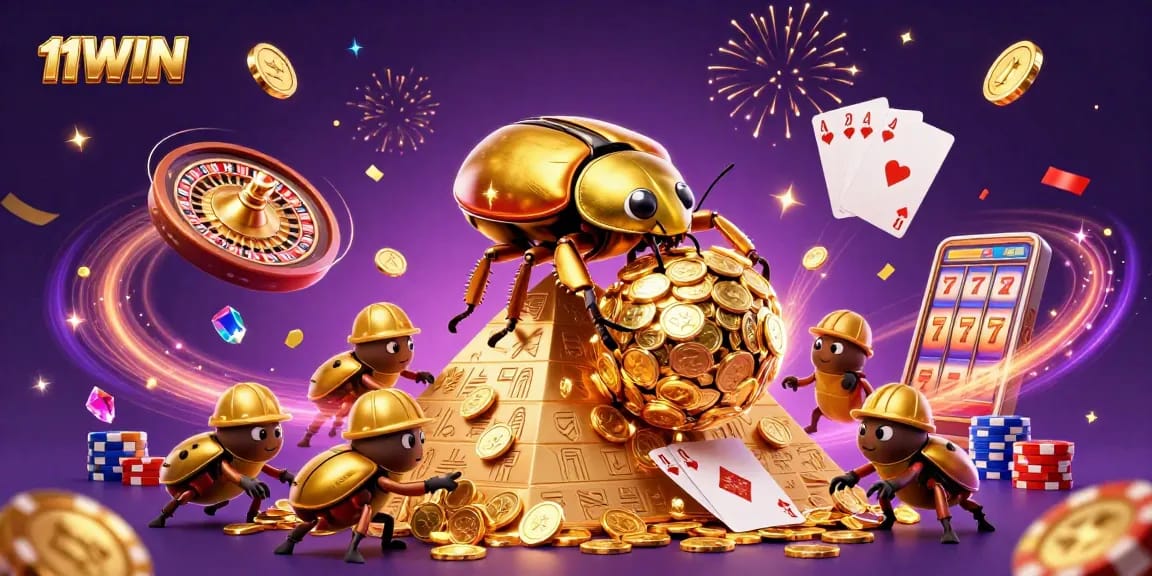 Join the adventure with 11WIN as the golden beetles celebrate riches amidst casino excitement!