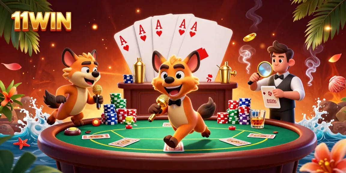 Experience the vibrant comedy casino scene at 11WIN with hyenas as they entertain and mix drinks.