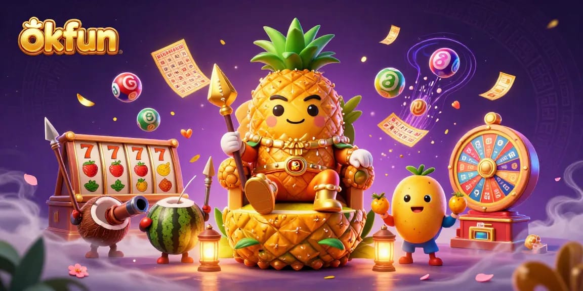 Experience the thrill of gaming at okfun with a vibrant scene showcasing a pineapple king, slot reels, and whimsical elements.