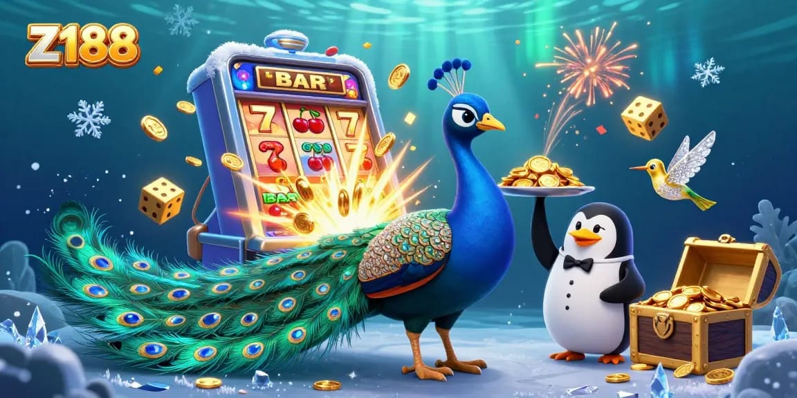 Z188 slots excitement illustrated with a luxurious peacock and gaming elements for a captivating experience.