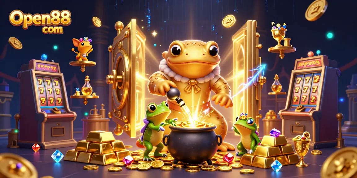 Experience thrilling gameplay with Open88 com in a vibrant 3D illustration featuring casino characters and gold treasures.