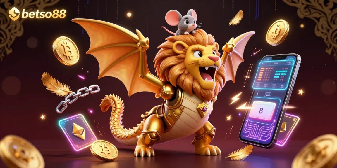 Experience winning at betso88 with the chimera creature and crypto game elements in a vibrant casino scene.