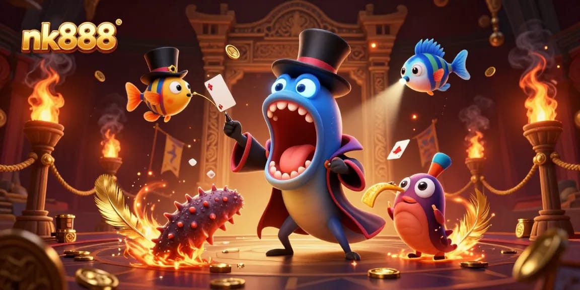 Engage in thrilling action with nk888's vibrant casino scene featuring dazzling card tricks and magical elements.