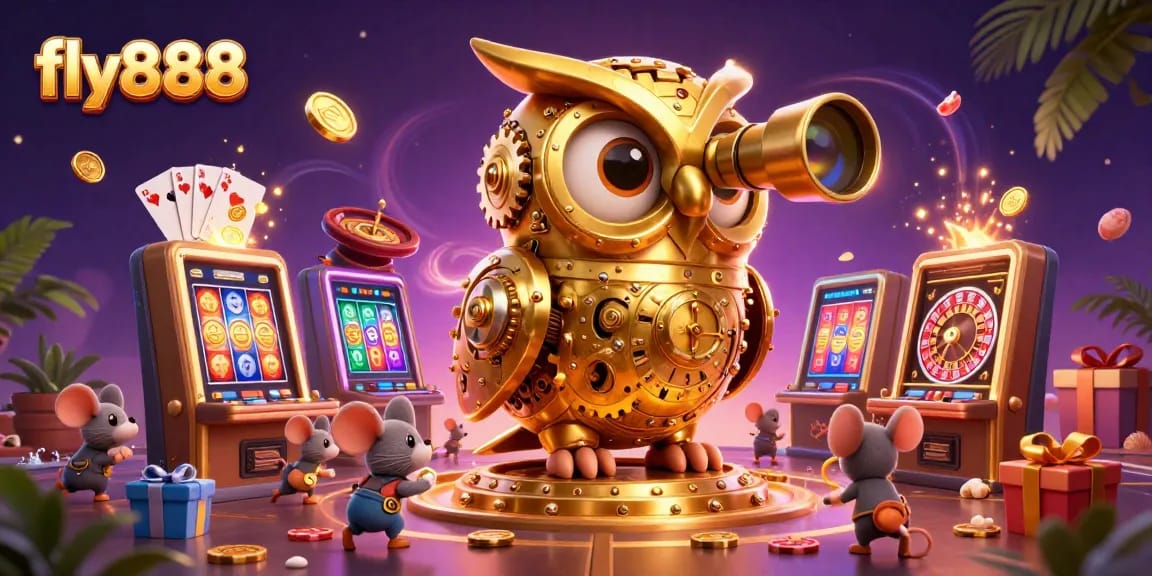 Experience thrilling wins at fly888 with a lively scene featuring a golden owl and playful mice amid vibrant casino action.