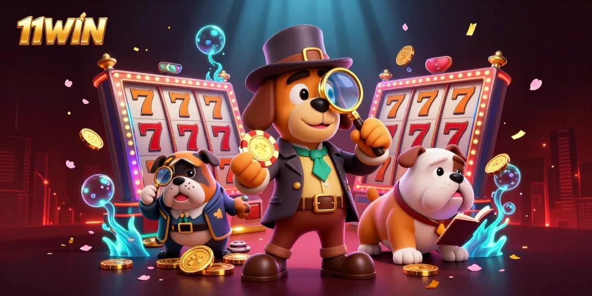 Join the adventure with 11WIN as the detective uncovers poker surprises in a vibrant casino scene.