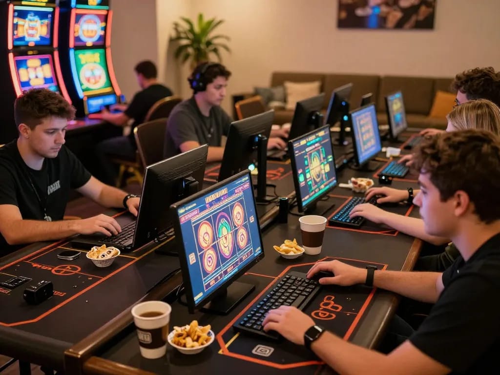 Players enjoying exciting online casino games on their devices, 79king slot machines lighting up screens in a cozy home environment