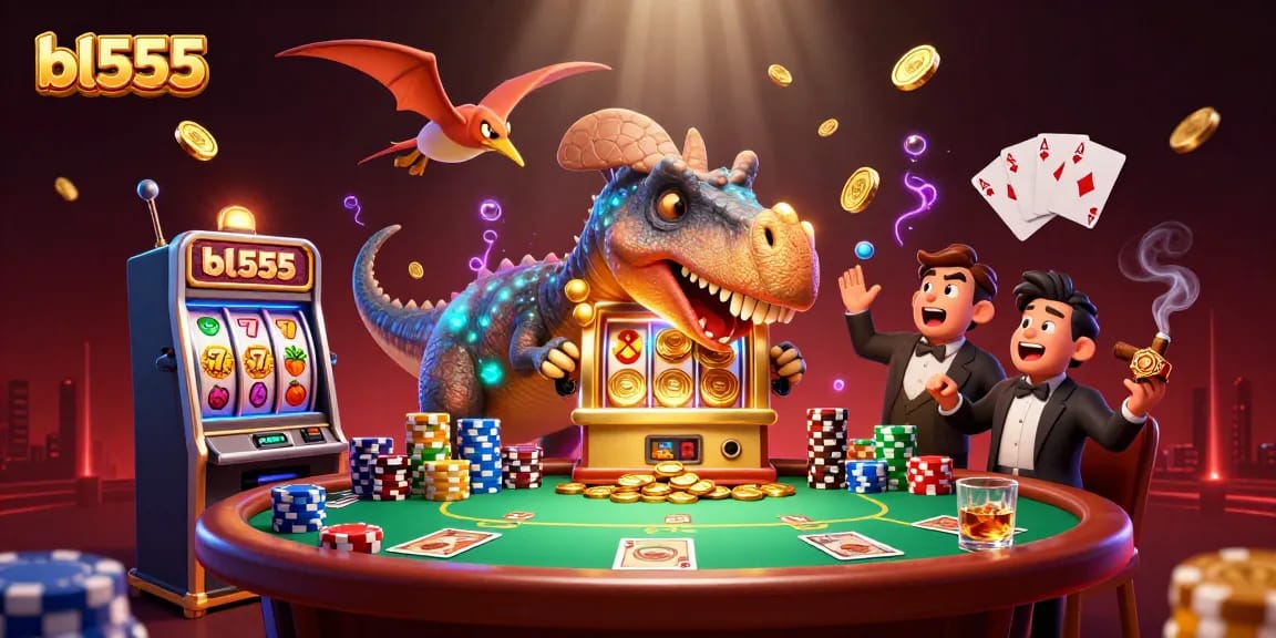 Experience thrilling wins at bl555 with a cartoon dinosaur hitting the jackpot from a slot machine.