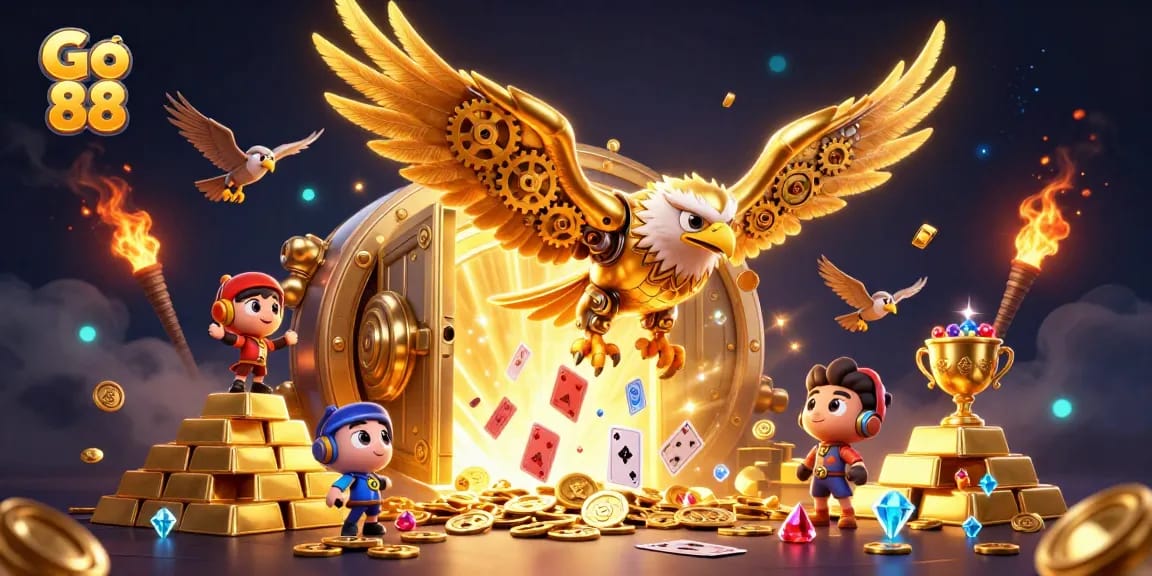 Experience the thrill of Go 88 with a golden eagle soaring through holographic cards and treasure.