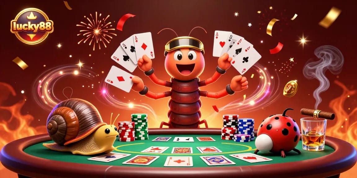 Experience luck at lucky88 with a thrilling poker scene featuring lively 3D characters and vibrant casino elements.