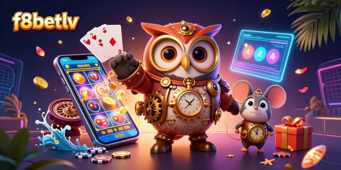 Engage with f8betlv at this vibrant casino scene featuring owls and game elements.