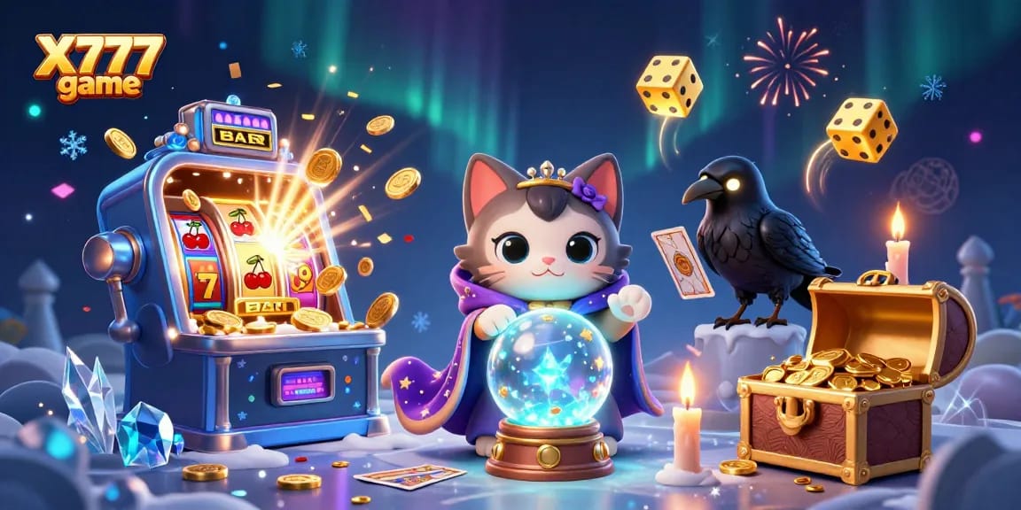 X777 game illustration showcasing fortune teller cat and tarot raven amid vibrant casino elements.
